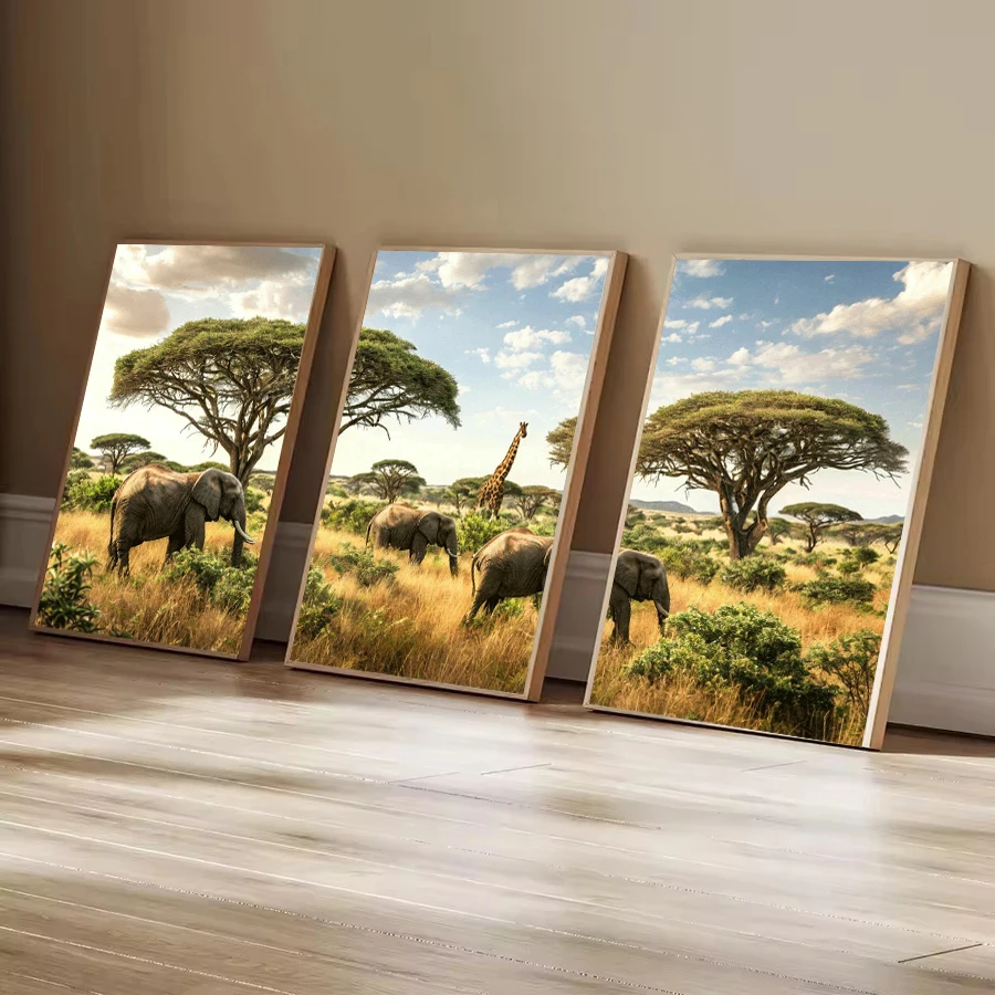 Fullcang Grassland Elephant Giraffe Diy Diamond For Adults Painting Triptych Wild Animal Full Mosaic Embroidery Picture 3Pcs/set