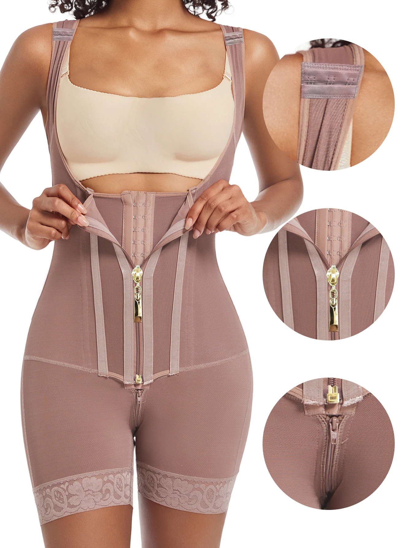 Women's Lace-Trimmed Shapewear Bodysuit High Compression Belly Control Corset with Adjustable Straps & Zipper
