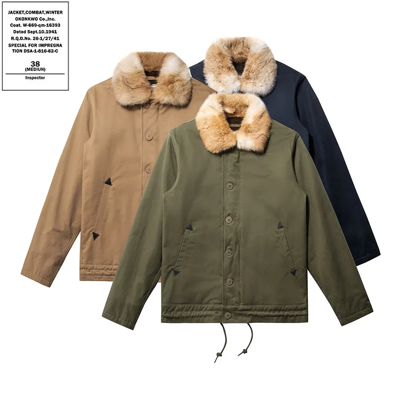 

Pure Color Rabbit Fur Collar Jaet Naval Aircrt Carrier De orm Thiened Winter Coat Youth Outerwear Zipper Closure