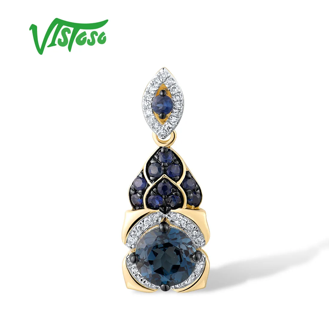 VISTOSO Geniune 14K 585 Yellow Gold Pendants For Women Sparkling Diamond Sapphire London Blue Topaz Luxury Fashion Fine Jewelry