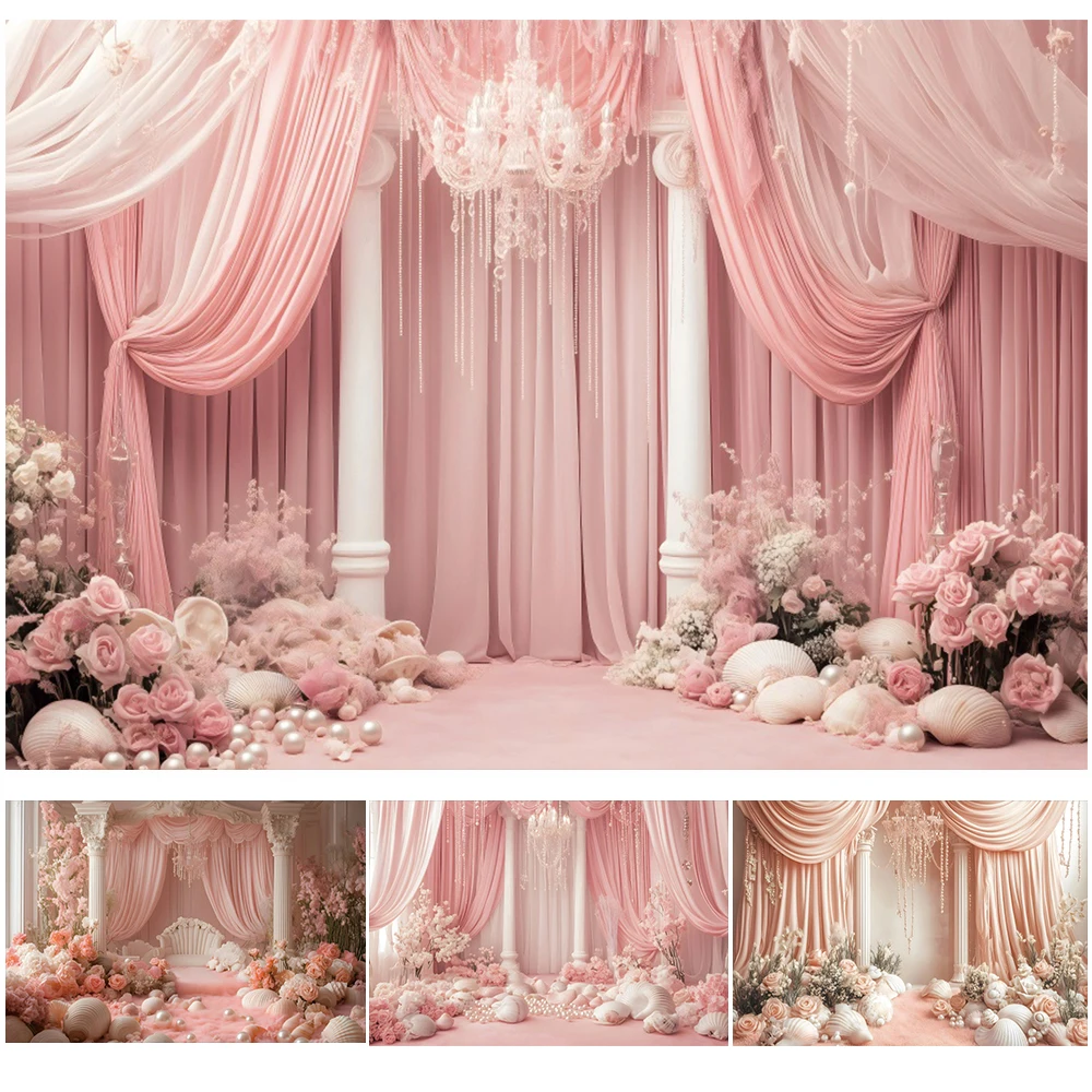 

Wedding Bridal Shower Photography Backdrop Pink Flowers Palace Curtain Shells Pearl Princess Birthday Party Photo Background