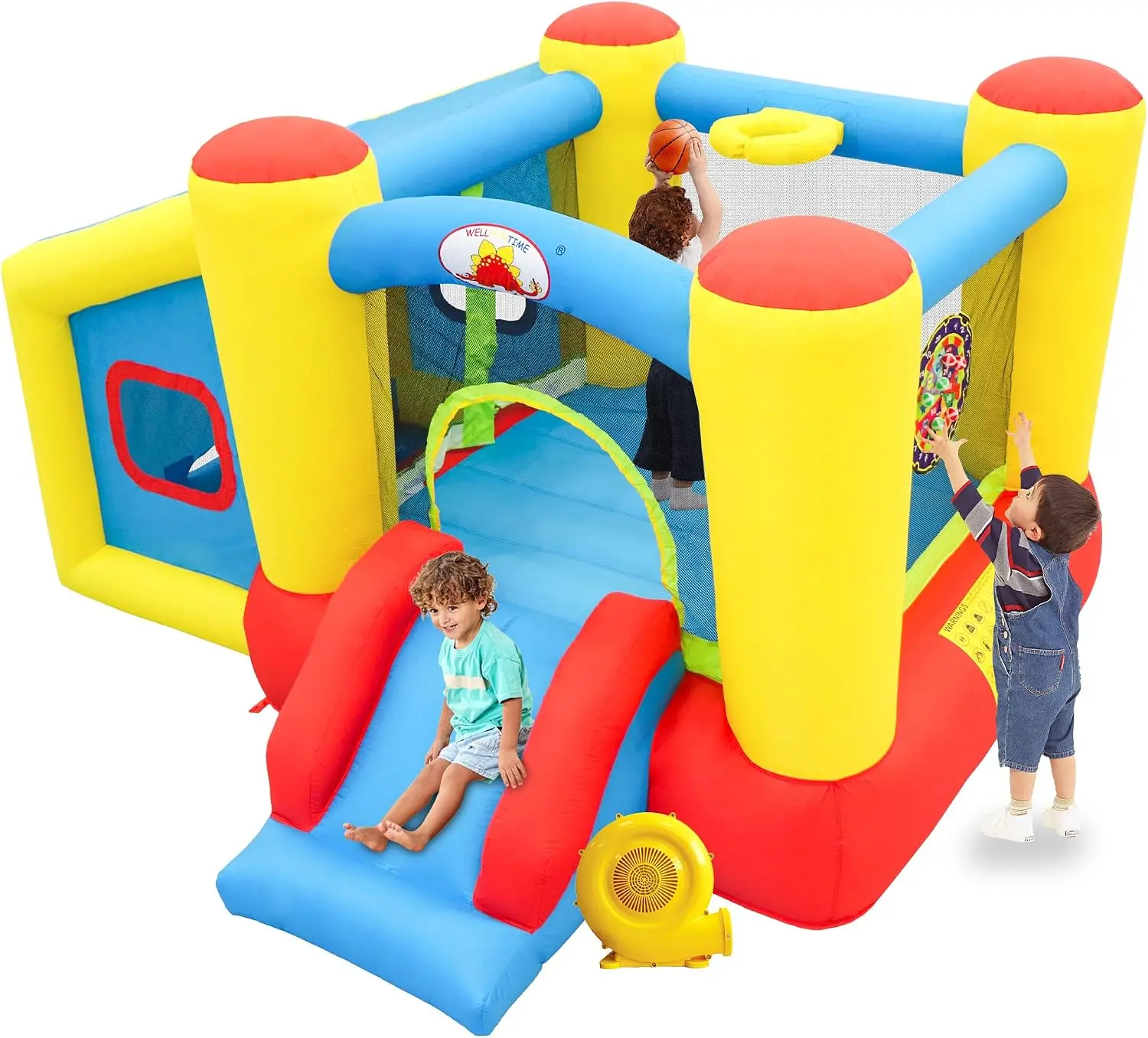 Casa Inflable con Soplador, Castillo Hinchable y Tobogán, Brincolín para Niños con Piscina de Pelotas, Aro de Baloncesto, Juego de Dardos