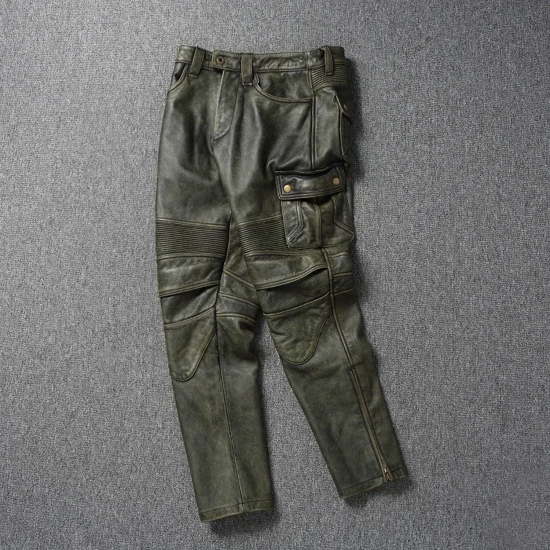 Vintage Army Green Men Leather Pant Genuine Cowhide Motorcycle Pants Mens Leather Trousers Calca Masculina Pantalones Hombre