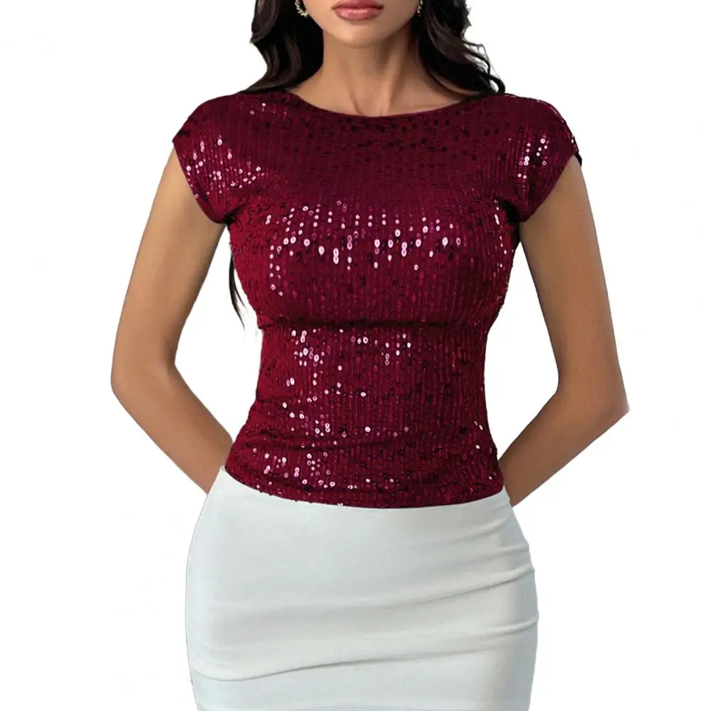 Summer Sexy Sequin Women T-shirt Round Neck Short Sleeve Tops Tshirt Backless Design Slim Party T-Shirts
