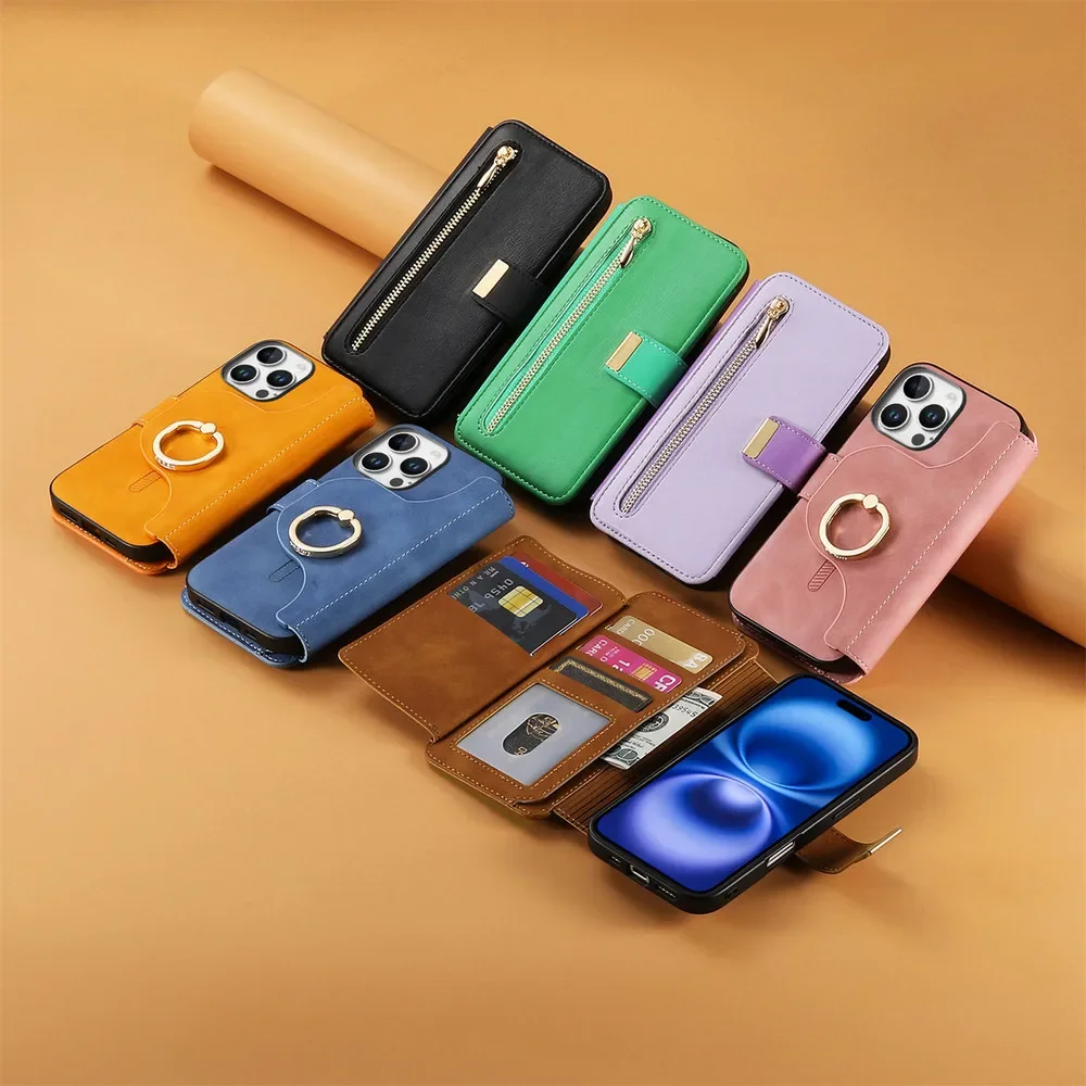 Luxury Case For iPhone 17 17E 16E 16 15 14 13 12 11 Pro Max Xs Xr 7 8 Plus SE 2022 2In1 Detachable Leather Zipper Wallet Cover