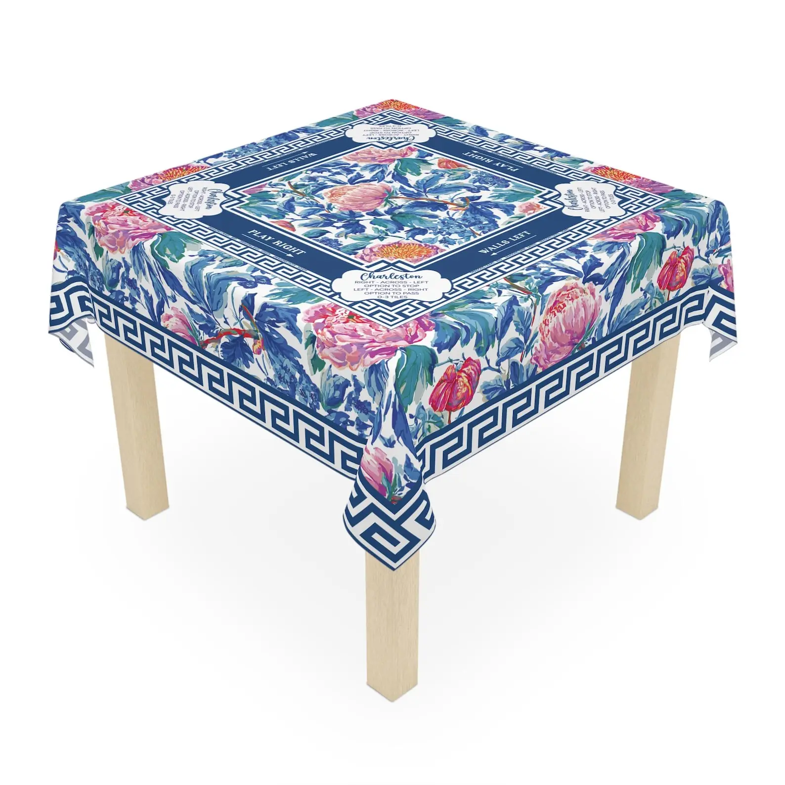 Nappe carrée Peony Paradise Mahjong - Accessoire de décoration pour soirée de jeu avec instructions des règles de Charleston