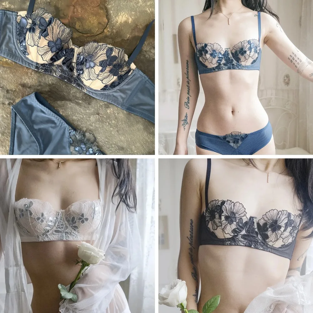 

Sexy Lace Embroidery Bra & Panty Set for Women, Push Up Underwear with Thin Straps, Large Cup Size Lingerie