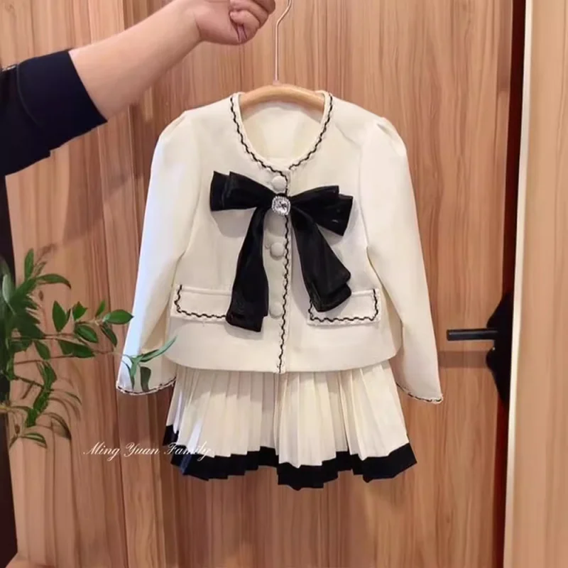 Hnq-Girls Suit Spring New Long Sleeve Coat+Pleated Skirt Two-Piece Set Children One Piece Dropshipping