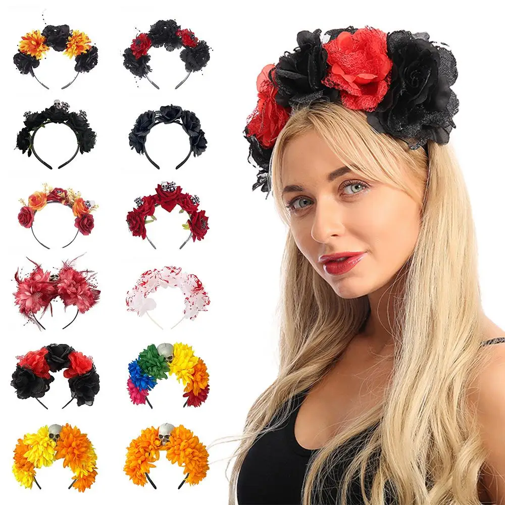 Diadema de calavera de araña para mujer, accesorios para el cabello de fiesta de Halloween, corona de flores de Rosa Mexicana, diademas de flores