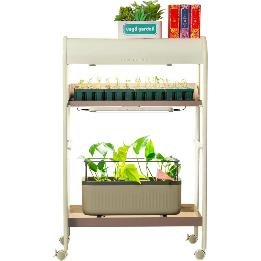 

"Two-Level Indoor Plant Stand with Grow Lights for Seed Germination and Plant Growth"