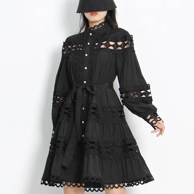 Chiever oco para fora sólido mini vestidos para mulheres gola manga longa cintura alta retalhos cinto vestido básico roupas femininas