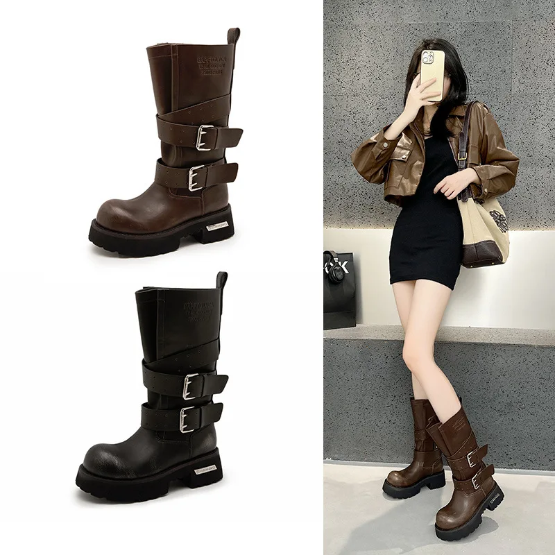 

Women's Thick Bottom Retro Big Head Punk Motorcycle Knight Boots Trendy Mid-Calf Boots Winter Season Square Toe