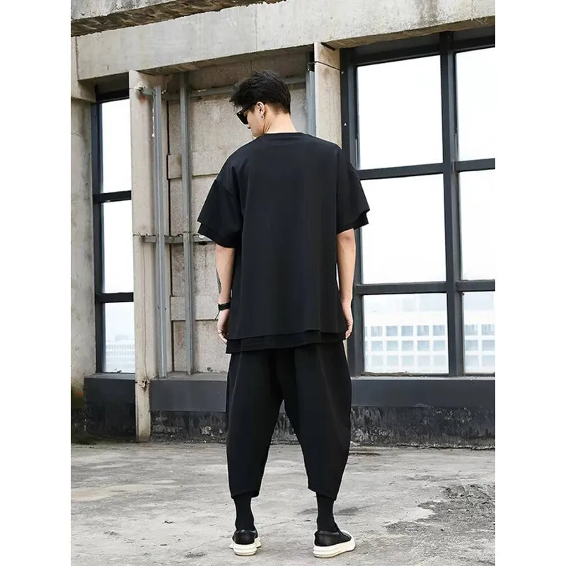 

Men's Casual Version Double-Layer Korean Hip-Hop Men's Short-Sleeved Design Super Loose Casual Black T-Shirt