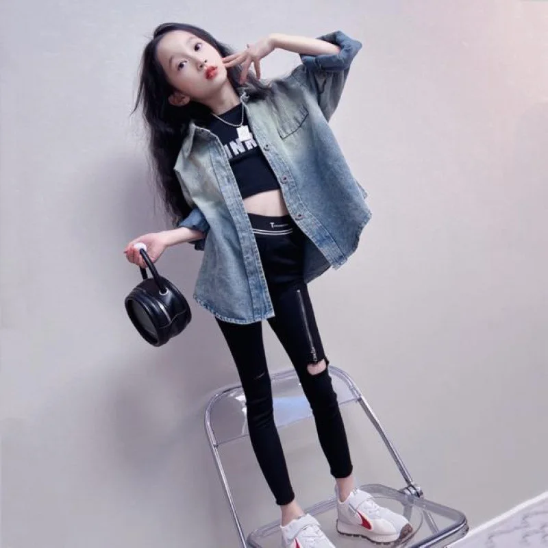 Parent child denim shirt, spring new style, early spring thin jacket, middle-aged children's spring and autumn style, Korean ver