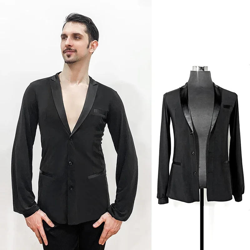 

Male Latin Dance Ballroom Tango Competition Costume Shirt Black Long Sleeve Tops ChaCha Dancing Clothes Practice Wear