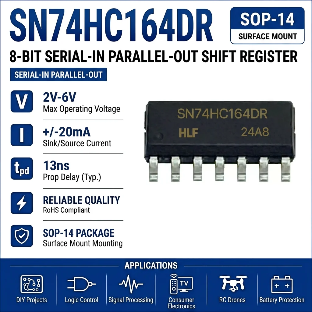 (25 pcs) SN74HC164N DIP-14 / SN74HC164DR SOP-14 SN74HC164 8-Bit Serial-In Parallel-Out Shift Register