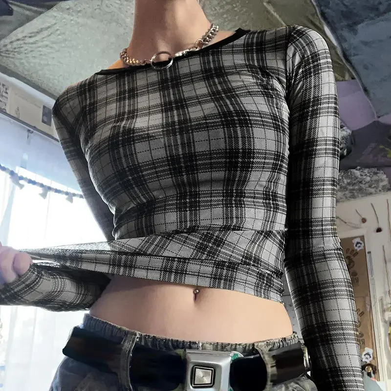 

Black See Through Plaid Graphic Print T Shirts Women Y2k Mesh Crop Top Long Sleeve Tees Female Aesthetic Feminist Shirt