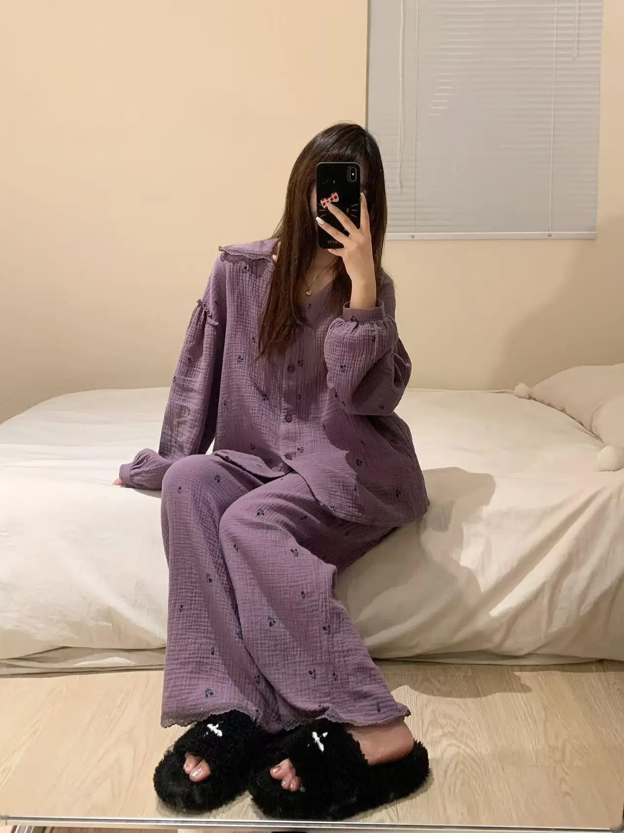 Korean Style Women's Sleepwear Long Sleeve High Collar Two-Piece Set Floral Print Comfortable Soft Cotton Home Clothes