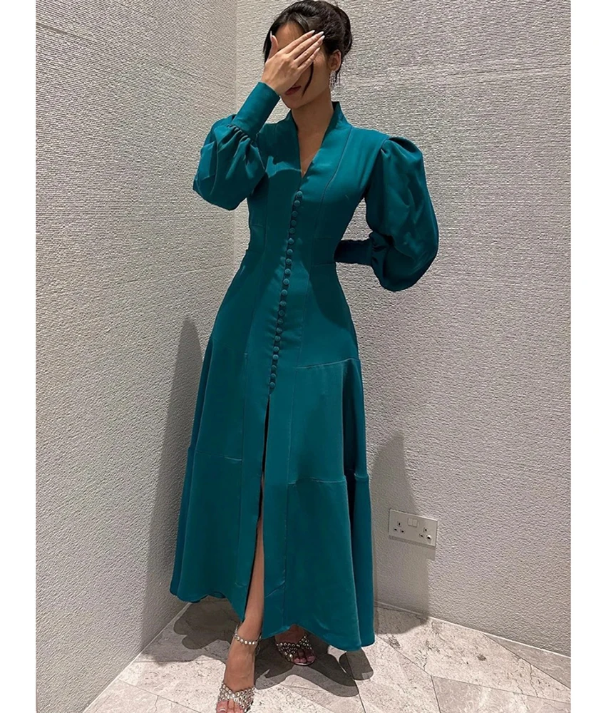 

Customized High Quality Jersey A-Line Buttons Evening Dress Delicate Long Sleeves V-Neck Ankle Length Special Occasion Gowns