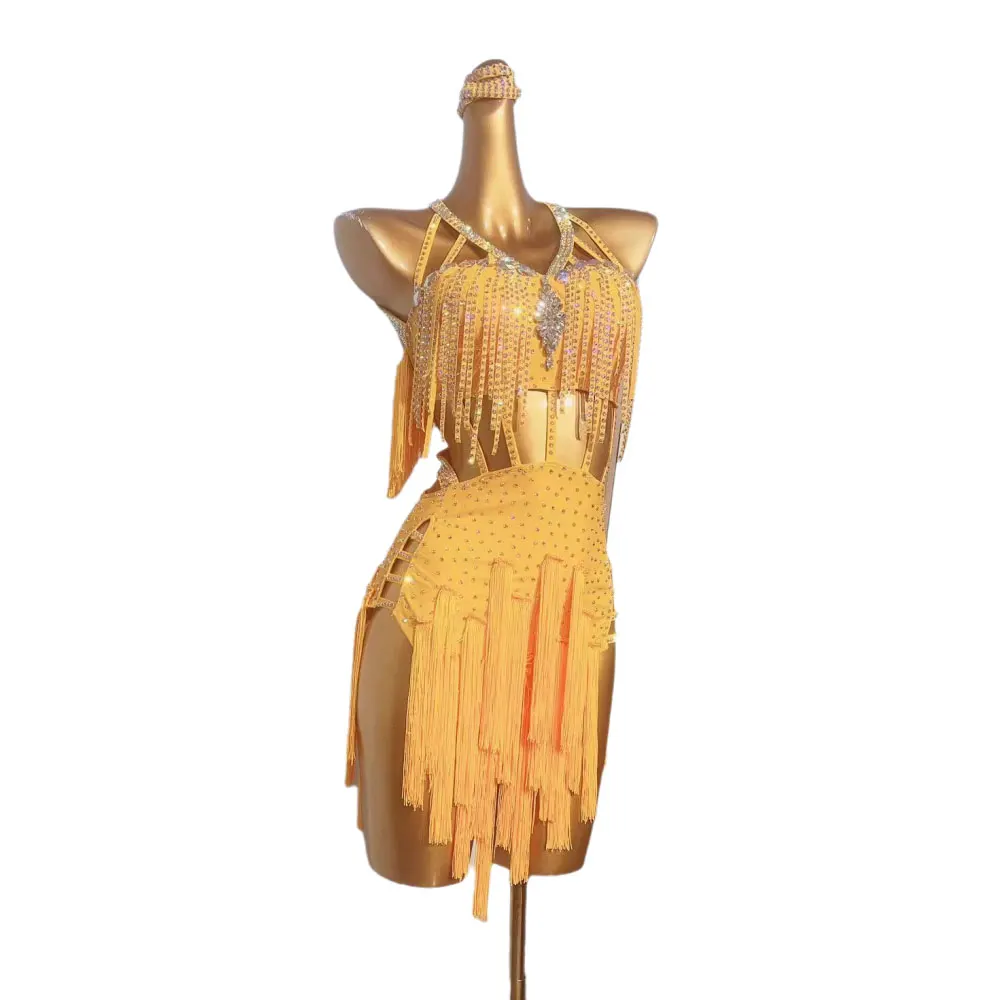 

Latin Dance International Stage Women's High-end Custom Yellow Tassel Samba Rhinestone Performance Costume dress