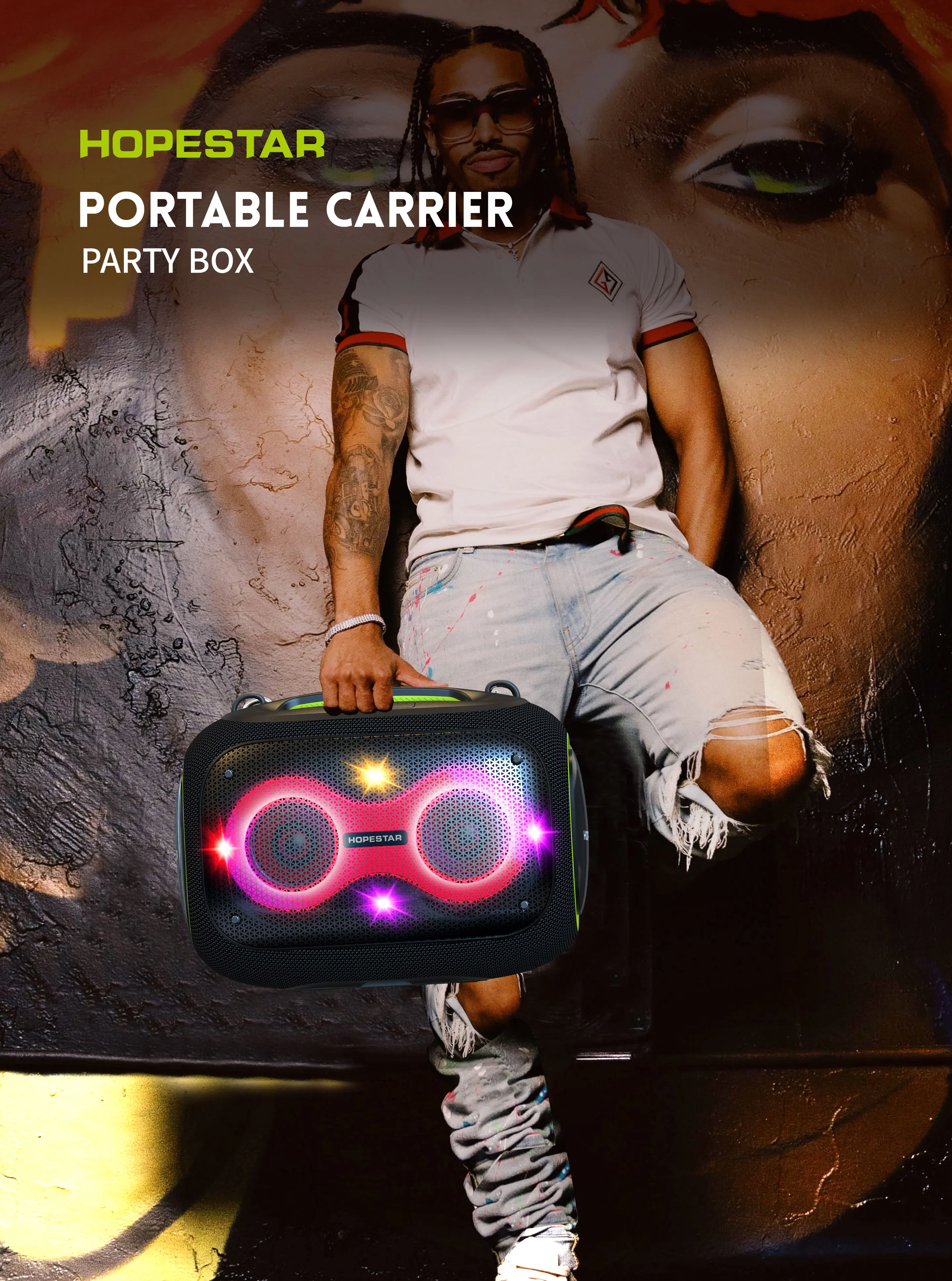 HOPESTAR PARTYBOX for 120W Outdoor Portable for 5.3 IPX5 Waterproof Karaoke Speaker RGB Lighting TF Customizable 2 Microphones