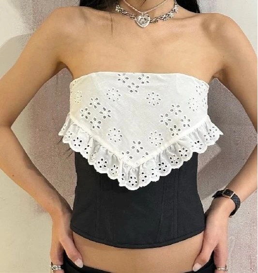 

One-shoulder Black and White Lace Stitching Bandeau Women's Summer Fashion Slim Babes Vest