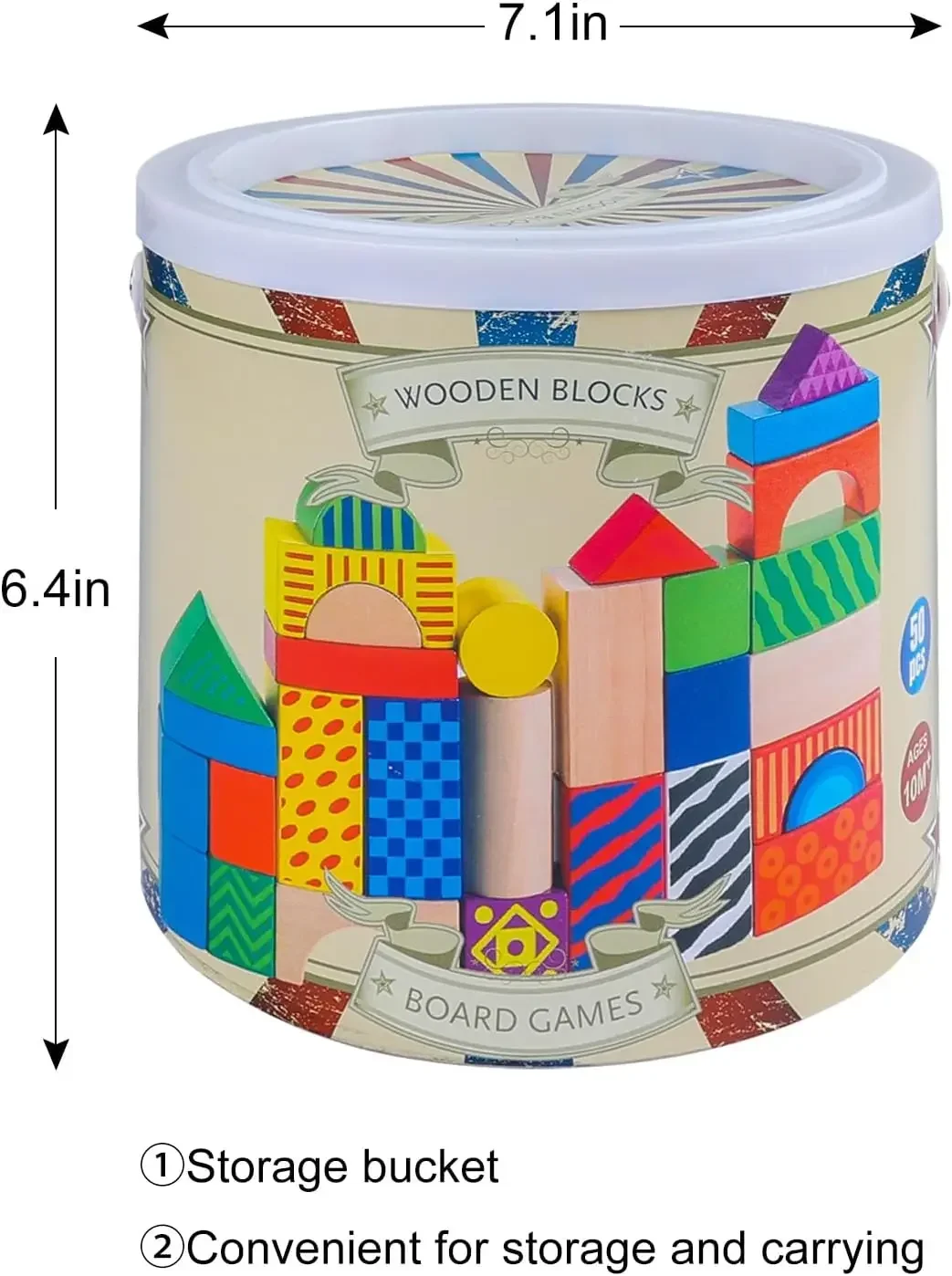 Blocos de construção de madeira para crianças de 1 a 3 anos, brinquedos de classificação e empilhamento de formas montessori, conjunto de blocos de madeira coloridos de 50 peças com armazenamento