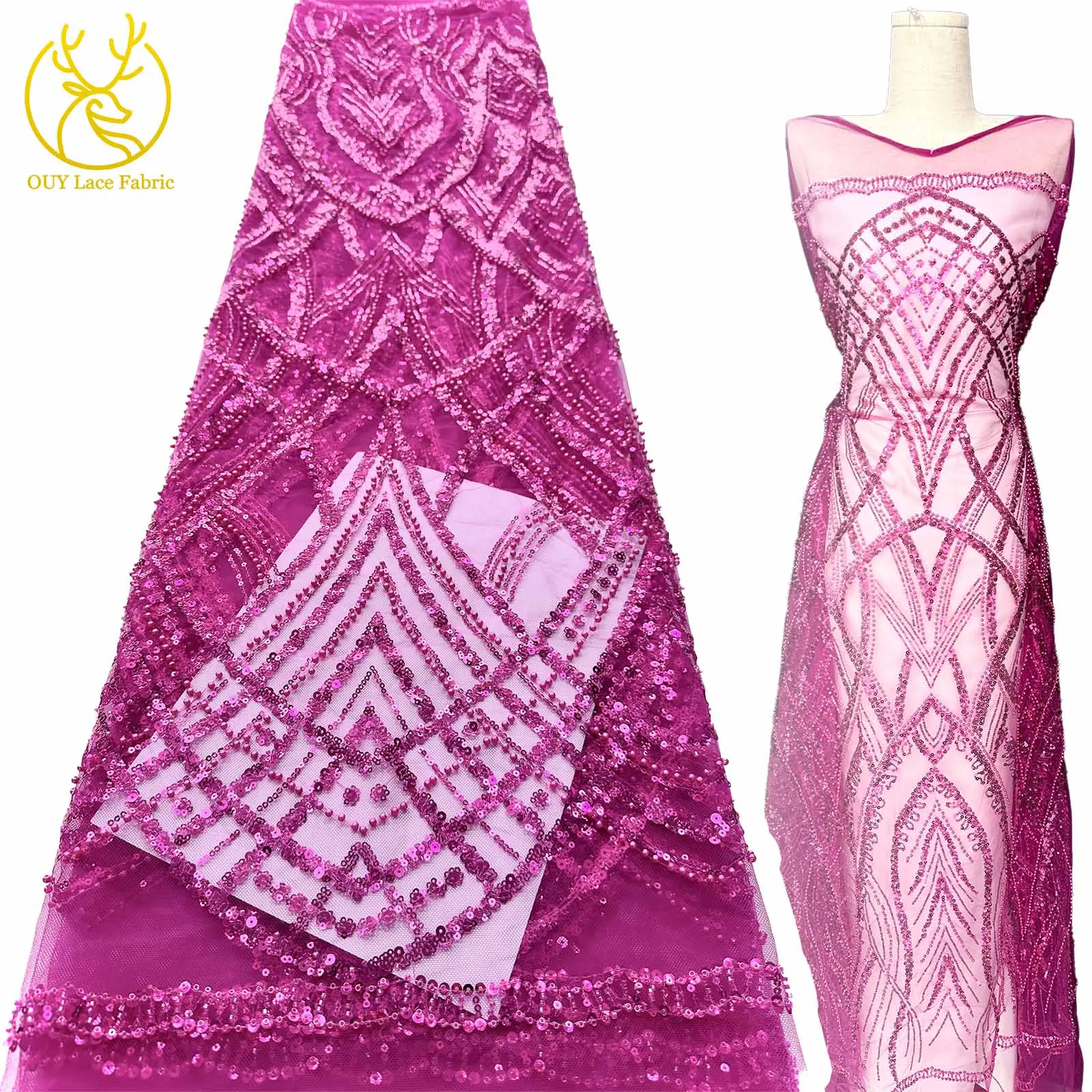 

Luxury African Sequins Beaded Lace Fabric 2025 High Quality Groom Nigerian Wedding Bridal Embroidery French Tulle Sewing 5 Yards
