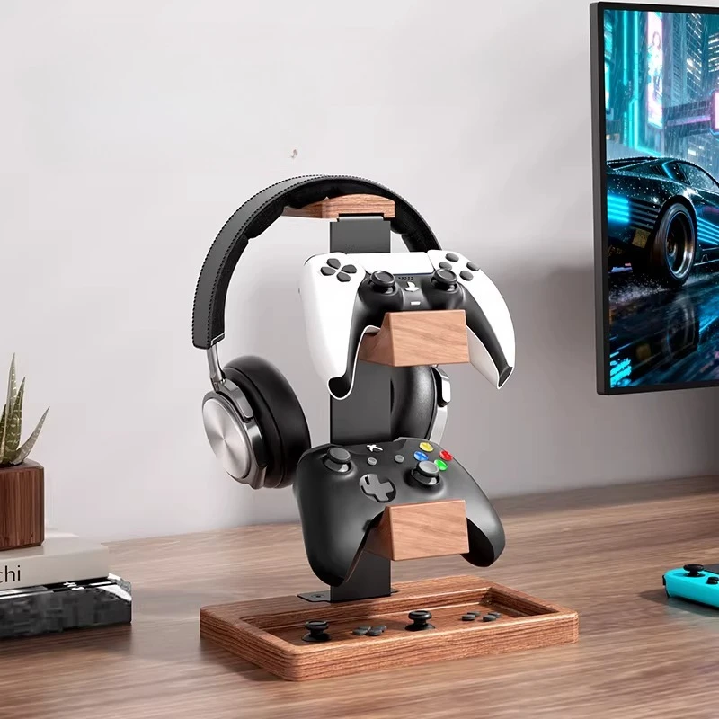 

Solid Wood Headphone Stand Multifunctional 2-in-1 Gaming Headset Hanger Desktop Earphone Display Rack for Headphones Accessories