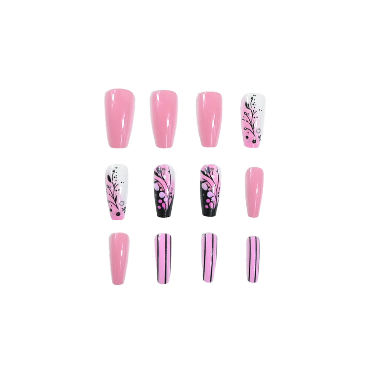 A full set of 24 long ballet fake nails designed with pink nail pieces and black and white flower patterns, including 1 jelly gl