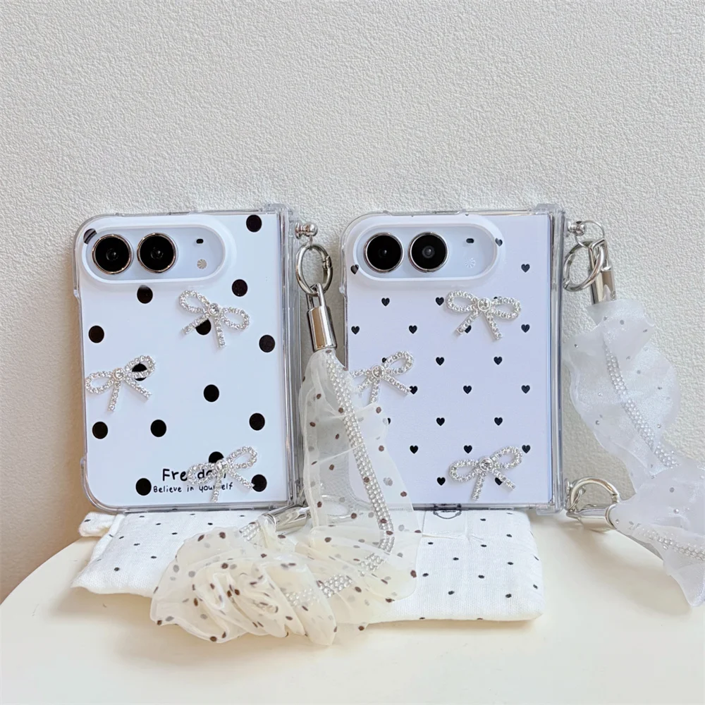 Cute White Heart Cases Phone Case For iPhone Sparkling Crystal Bow Charms and Sheer Ribbon Wrist Lanyard Girly Elegant Cover