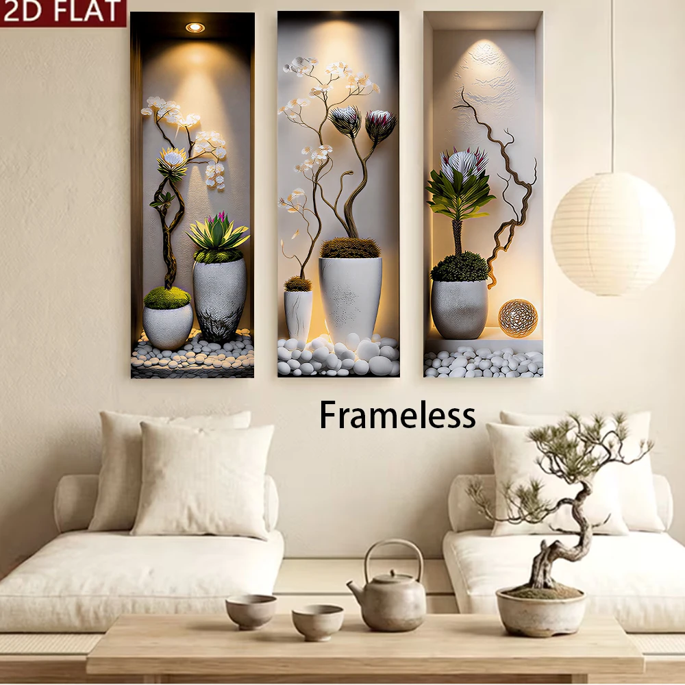 1 set of new Chinese style triple wall stickers, modern and simple living room entrance decoration paintings, plants, flowers, f