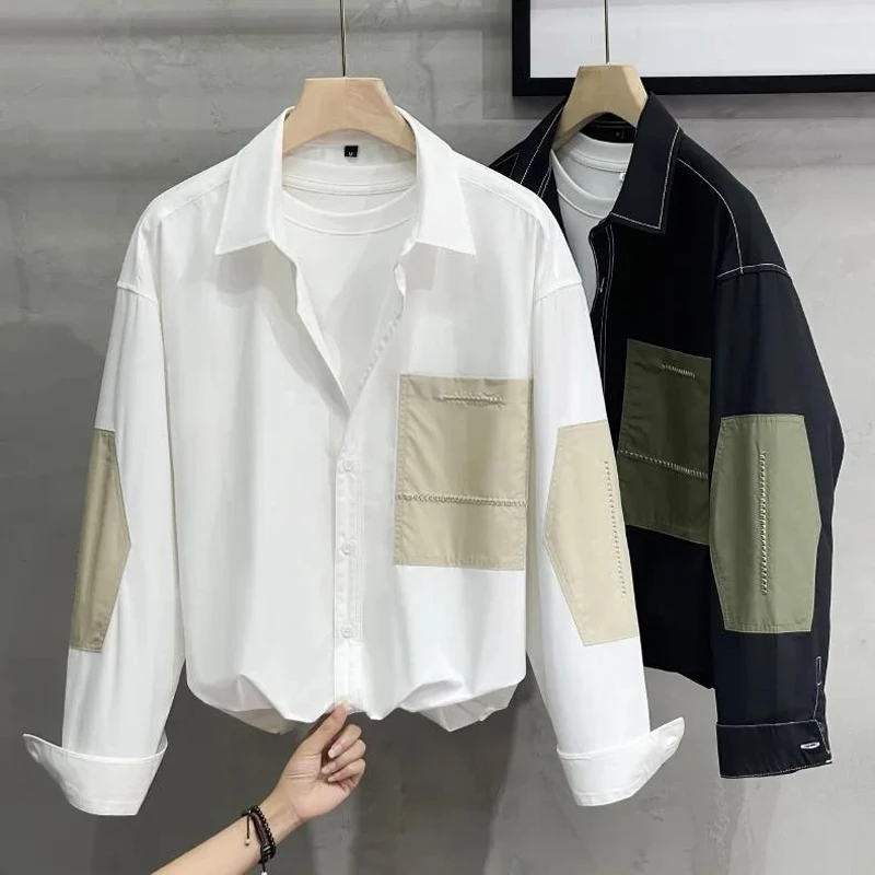 Spring Autumn POLO Collar Fashion Long Sleeve Shirt Man High Street Patchwork Contrast Color Button Cardigan Casual Loose Tops