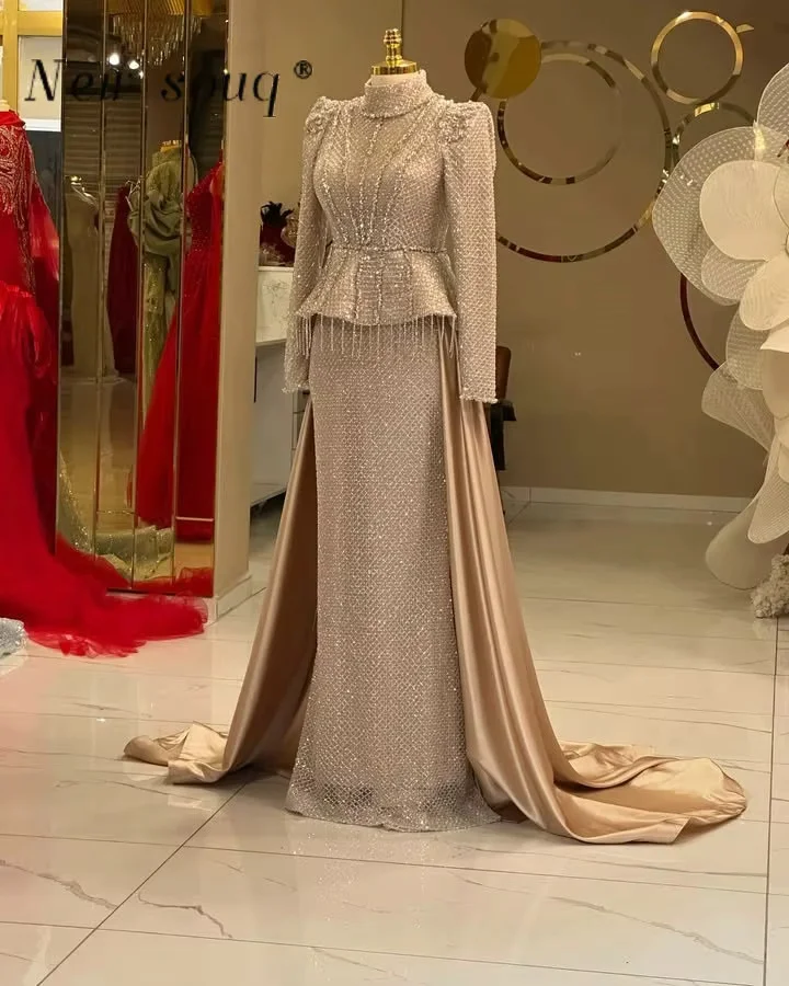 

Glitter Nude Champagne Party Dress Customized Arabic Turkey High Neck Long Sleeves Muslim Wedding Second Reception Evening Gowns