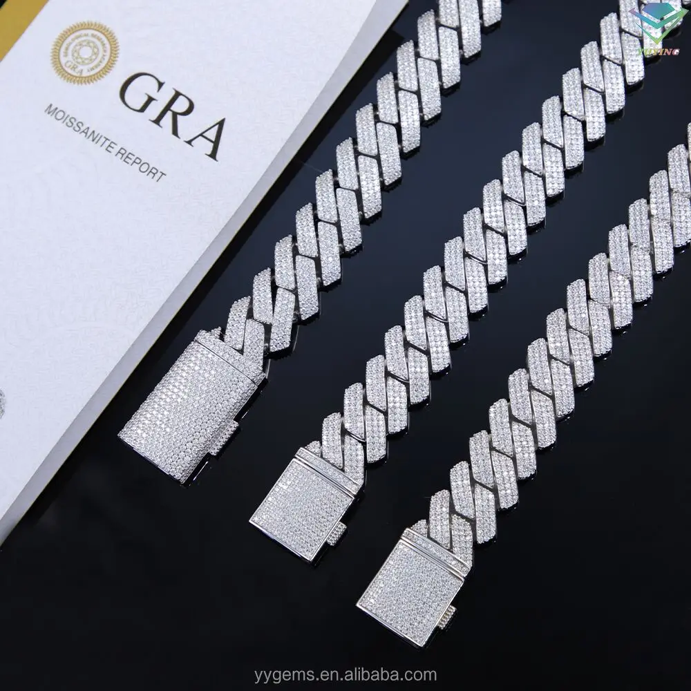 

hot-sale 3row vvs diamond cuban chain real 925 silver gold plated fine jewelry necklaces bracelet with GRA moissanite hiphop