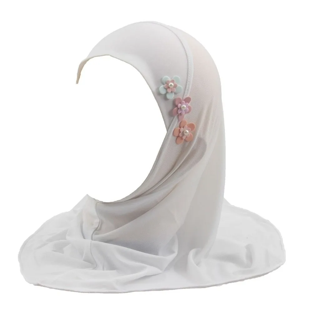 Cute Soft Little Girls Pull-On Hijab with Floral Ornament Stretch Head Wrap Turban Non-slip Breathable Head Cover Children