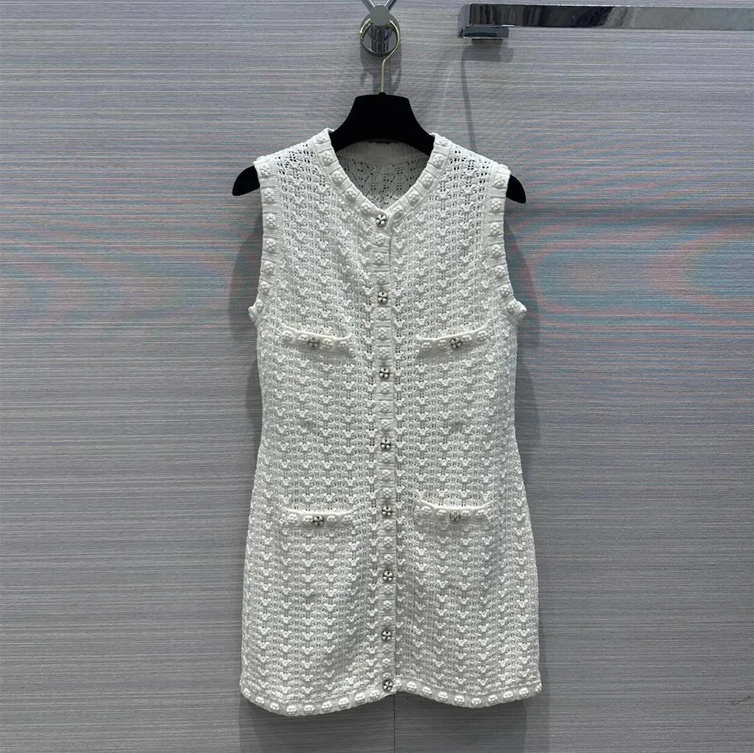 New Fashion Elegant Party Dresses Women O-neck Sleeveless Crochet Twist Knitted Tank Dress With Single Breasted Pockets