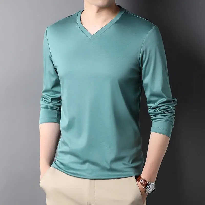 Stylish 2023 V-Neck Long Sleeve Henley Undershirt Korean Style Men\'s Spring Autumn Tee Clothing T Shirt for Men Shirt Male