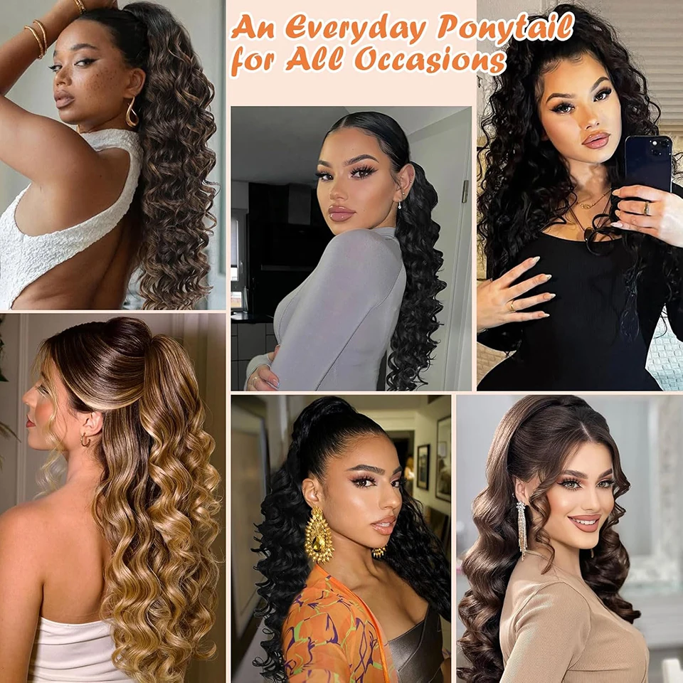 루즈 딥 웨이브 포니테일 붙임머리 블랙 합성 드로스트링 포니테일 여성용 롱 웨이브 가짜 말꼬리 헤어피스 28인치