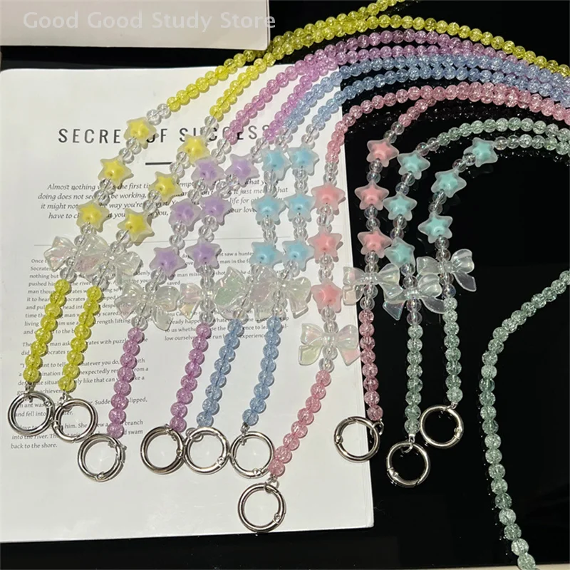 

Universal Anti-lost Bow Five Pointed Star Beaded Crossbody Long Phone Chain Phone Case Bags Decoration Gifts