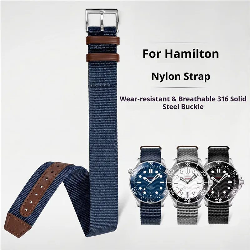 Schwarzes Khaki-Armeearmband aus echtem Leder und Nylon, 20 mm, 22 mm, universelles gewebtes Canvas-Sportarmband mit Dornschließe für Hamilton