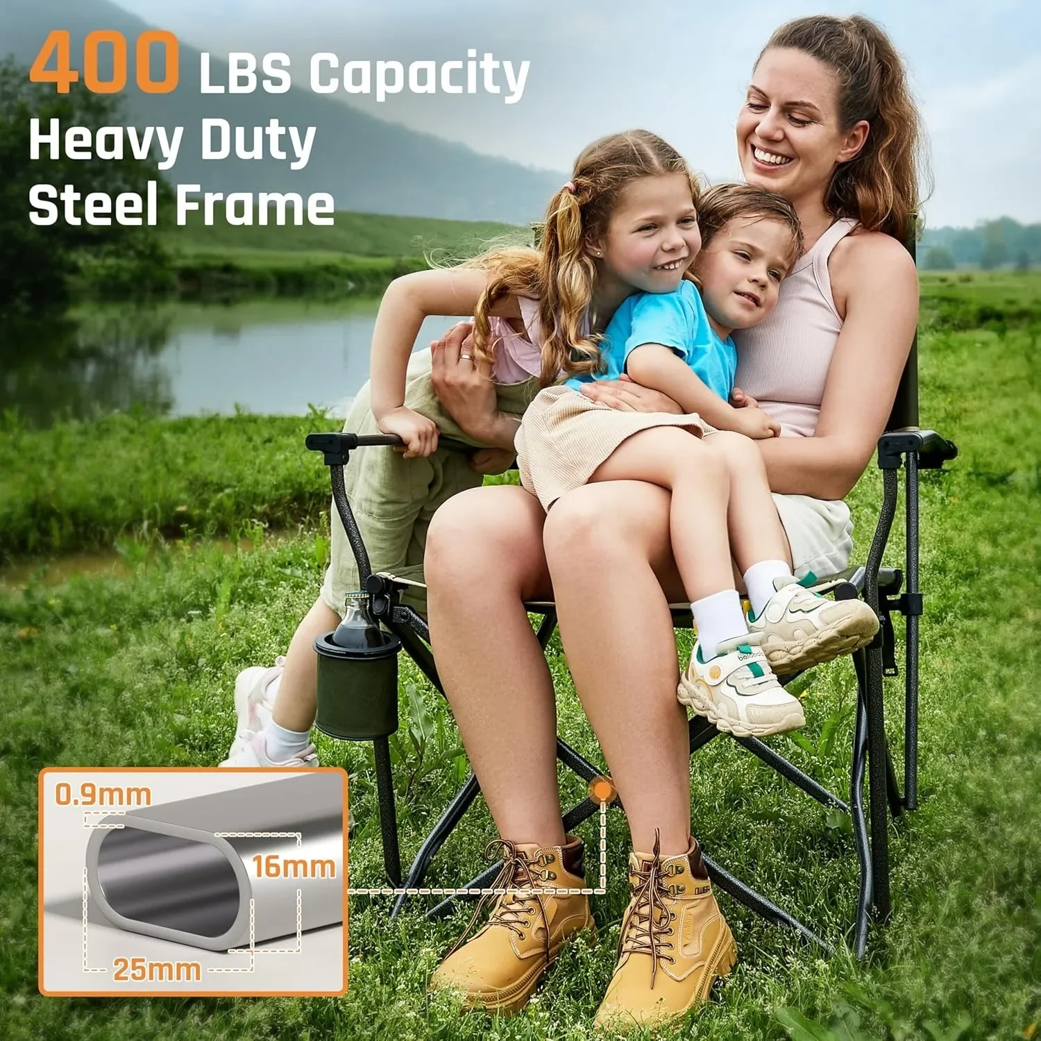 كرسي تخييم عالي التحمل للبالغين بسعة وزن 400 رطل، كرسي كبير الحجم قابل للطي مع حامل أكواب ومساند للذراعين