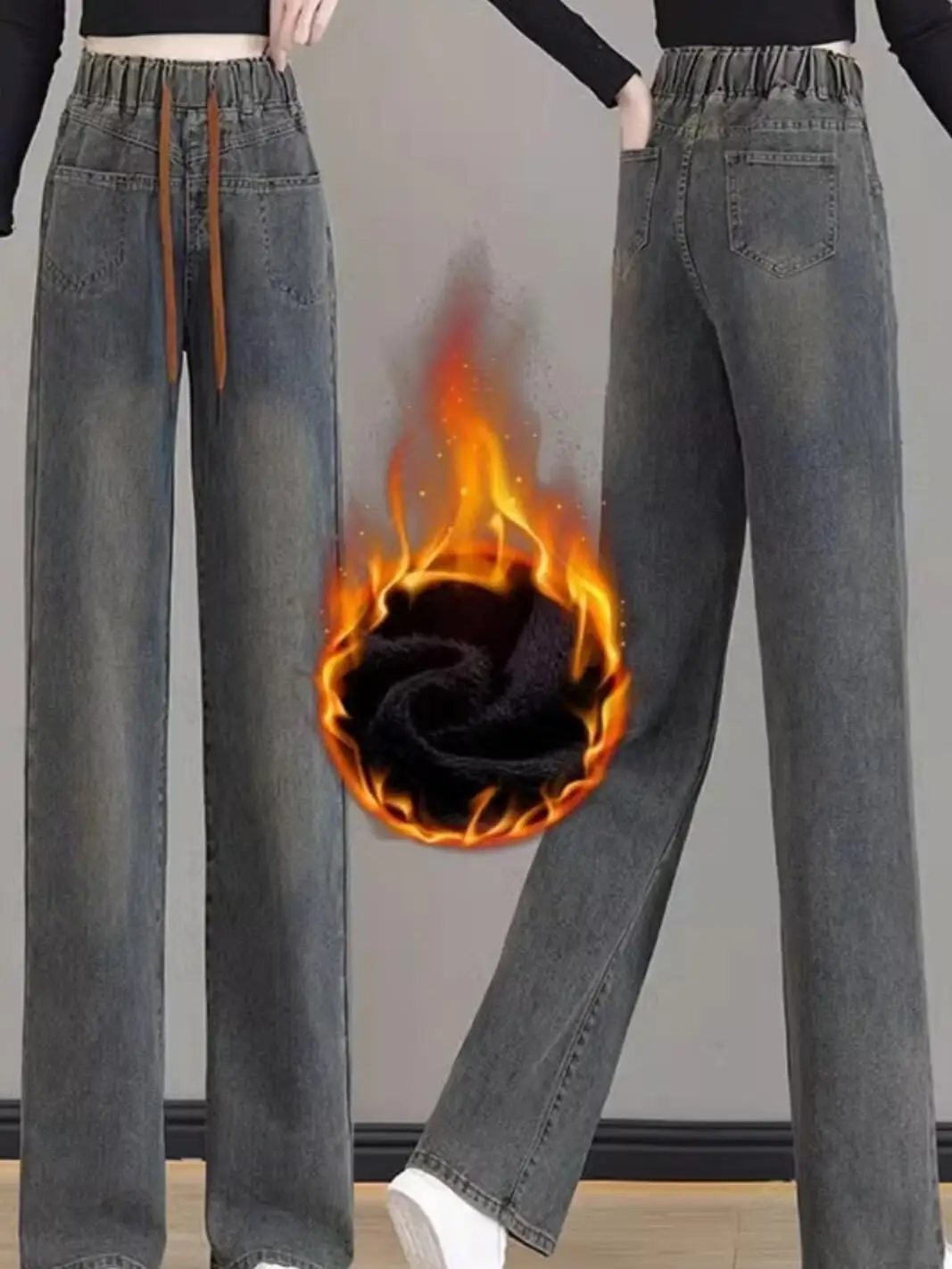 

Women's Winter Thiened Fce High Waist Straight Leg Jeans Elastic Waist Wide Leg Floor Length Trousers Cement ey