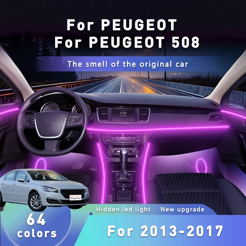 

Для PEUGEOT 508 2021 года, разноцветное украшение для атмосферы настроения, 64 RGB, автомобильные беспроводные DIY Bluetooth светодиодные внутренние полосы света