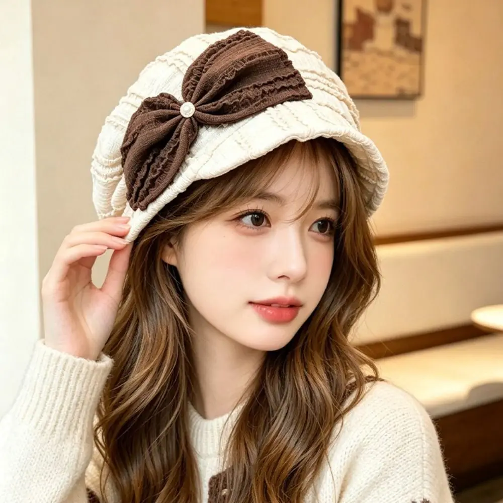 Soft Material Knitted Bucket Hat Foldable Design Bow Decoration Ear-Covering Hat Adjustable Drawstring Double-Layer Knitted