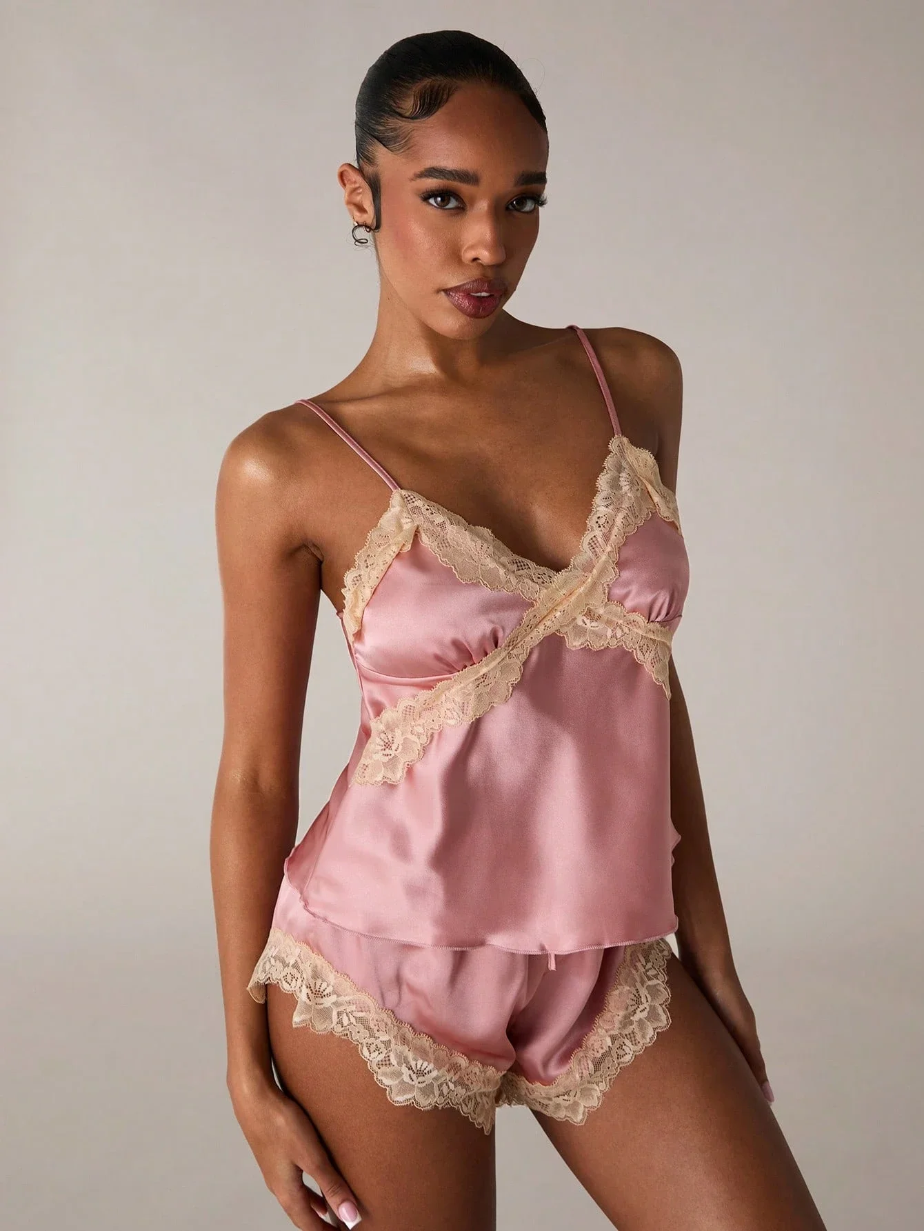 

Women Pink Silk Lace Camisole And Shorts Pajama Set