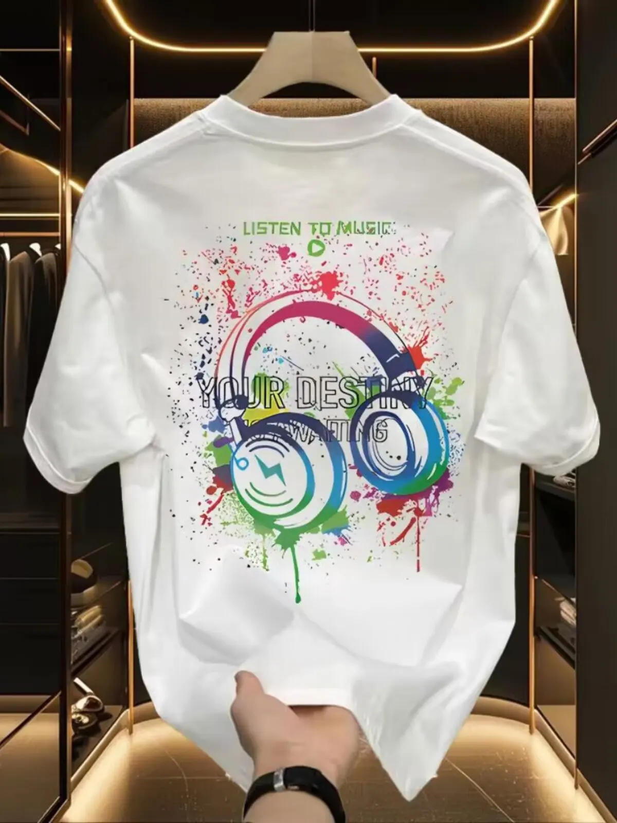 

Pishuai Cotton Short Sleeve T-shirt Men and Women's Summer Ins Fashion Music Headphones Printed Loose Round Neck Top