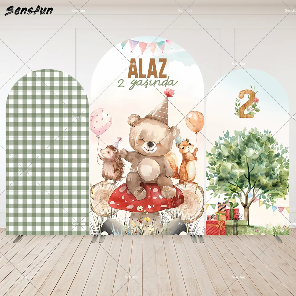 

Green Grid Checkered Woodland Party Arch Backdrop Cartoon Animals Kids first Birthday Arched Wall Panels Cover