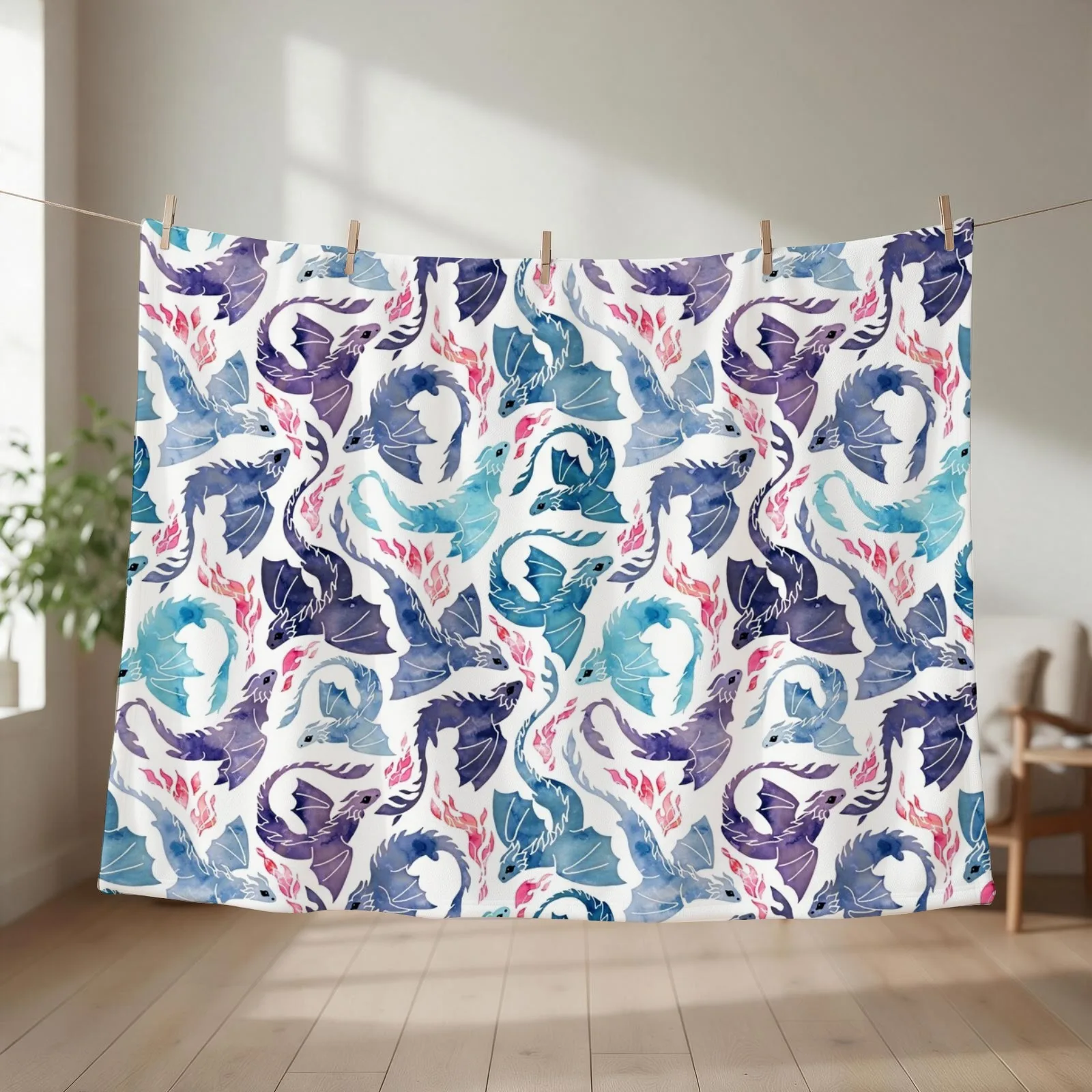 Dragon fire turquoise & purple Throw Blanket couch cozy soft plush fuzzy picnic outdoor blanket