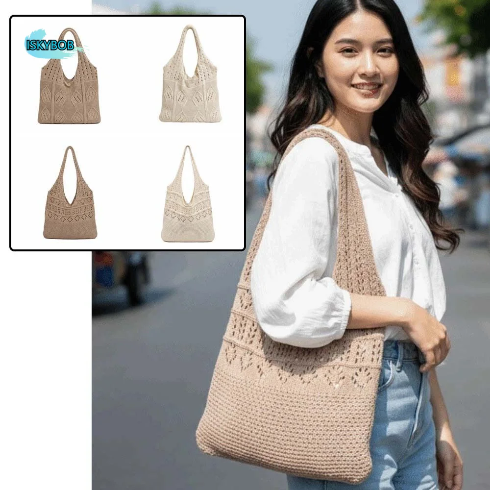 

Sweet Hollow Knitted Tote Bag Breathable Lightweight Straw Shopping Bag Large Capacity Solid Color Summer Beach Handbag Female
